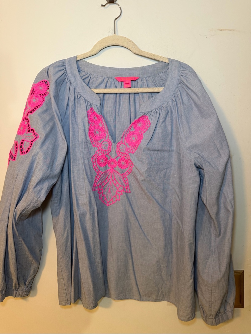 Lilly Pulitzer Elsa Embroidered Tunic Top Blue Pink XL Boho Floral